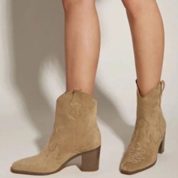 Taupe Stitch Detail Chunky Heeled Boots Sz 6 New - Picture 2 of 5